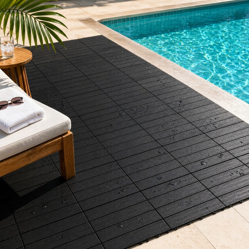 Kit 12 Deck Modular Antiderrapante 30x30 PP Imita Madeira Piso Plástico Encaixe Piscina Varanda Box
