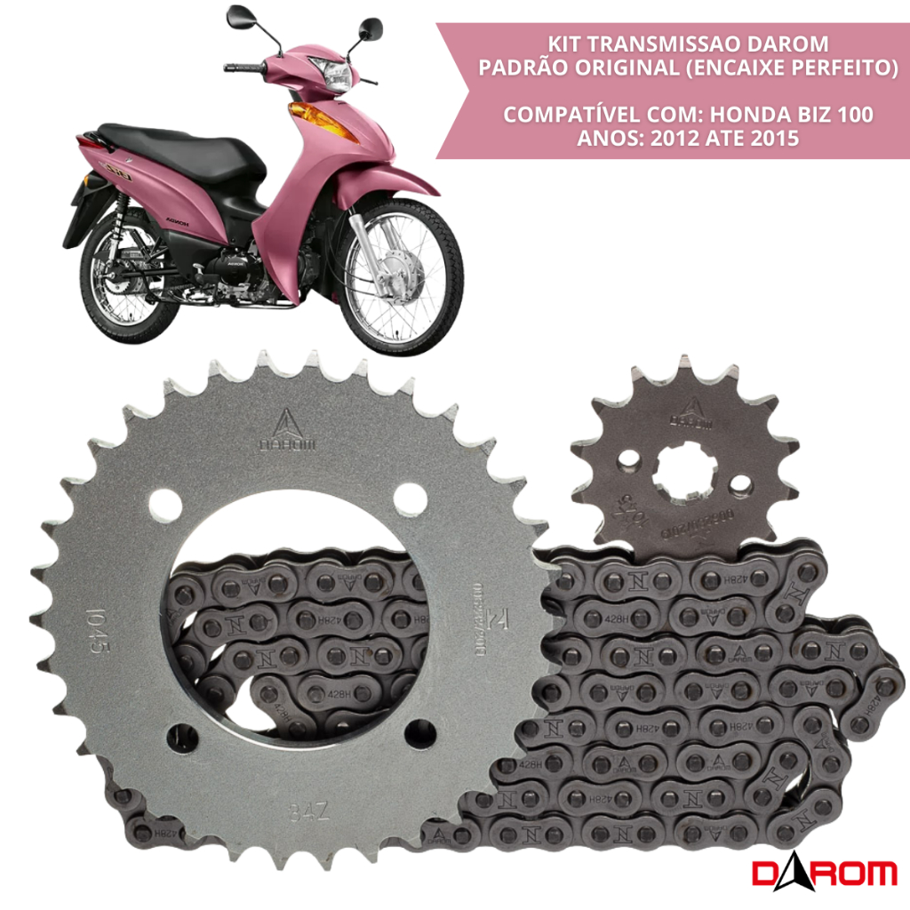 Kit Transmissão Completo Biz 100 2012 a 2015 Darom Corrente 428HX 108 Elos Coroa 34 Dentes Pinhão 14 Dentes