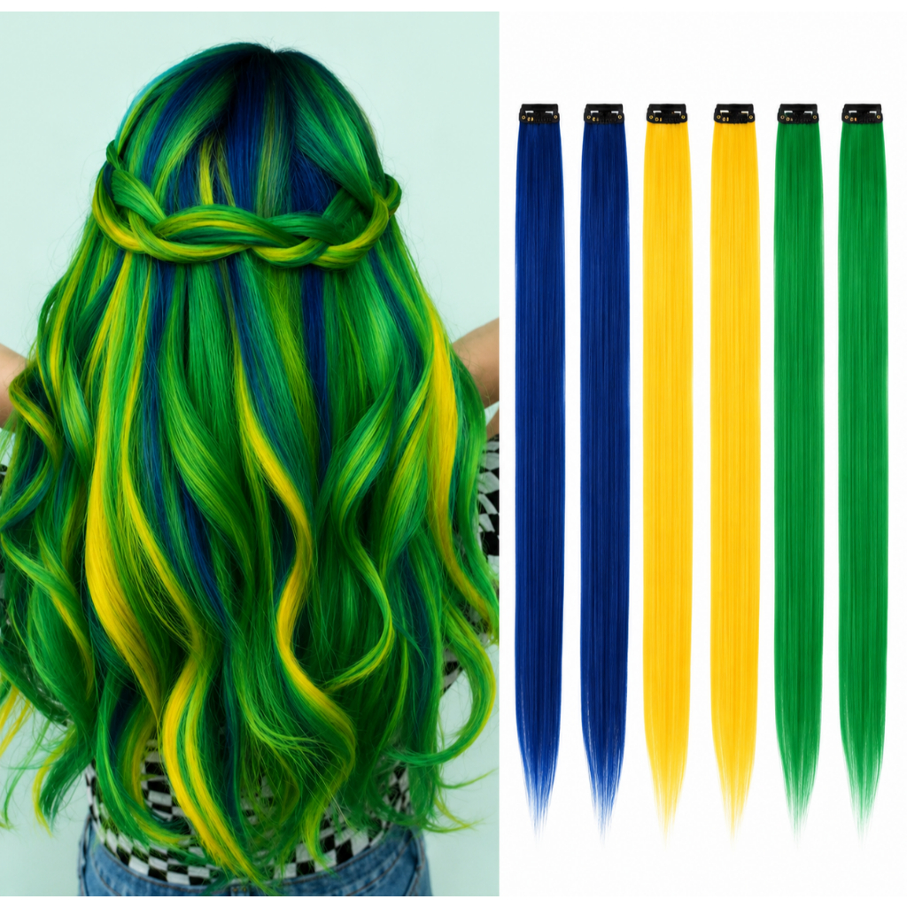 Mechas verde azul amarelo bandeira Copa Brasil tic tac de fibra orgânica de 65 cm suporta chapinha e babyliss