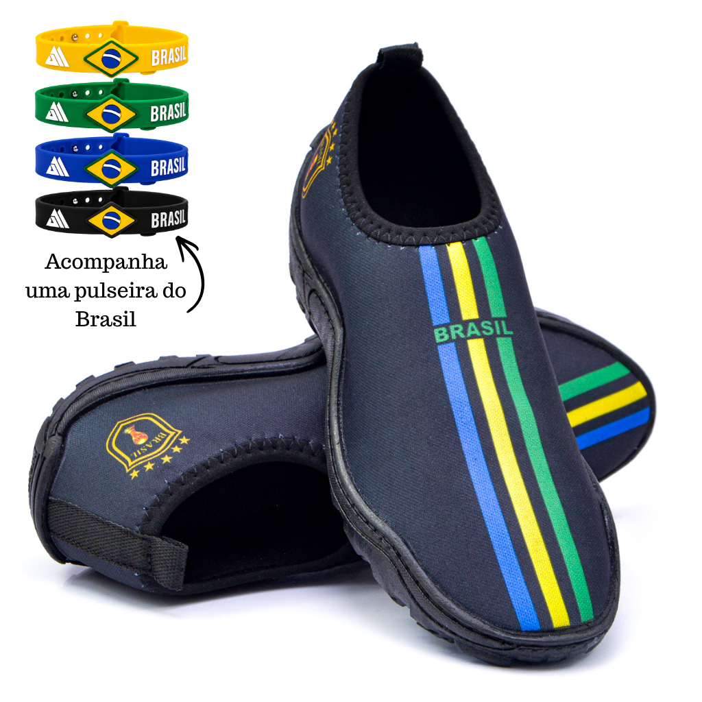 Kit Sapatilha Aquática + Pulseira Brasil Copa 2026 tenis Aquatico Antiderrapante Pesca Praia Cachoeira Mergulho Bike