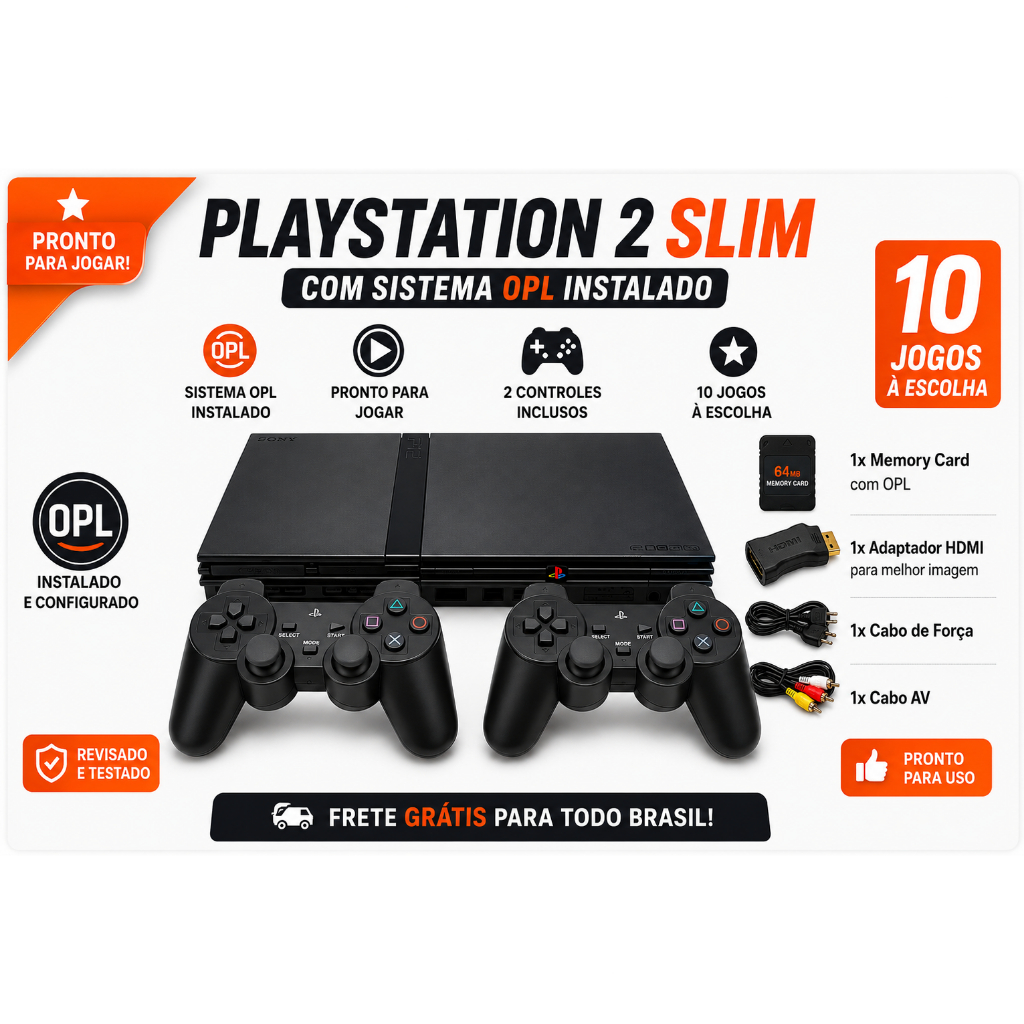 PlayStation 2 Slim Completo + OPL Instalado + 2 Controles + 10 Jogos à Escolha