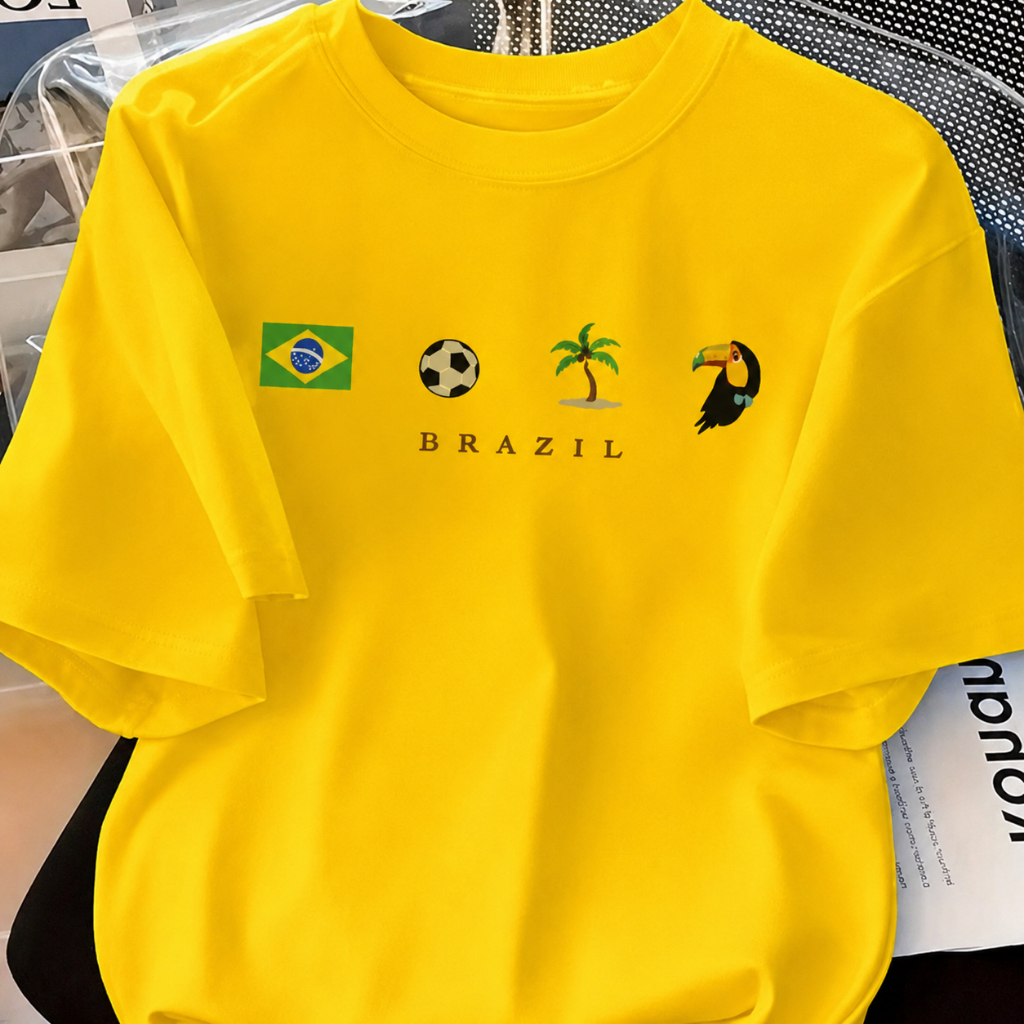 Camiseta Brazil Feminina Copa Camisa 100% Algodão Estampa Bandeira do Brasil, Bola de Futebol, Brasilidades Brasil
