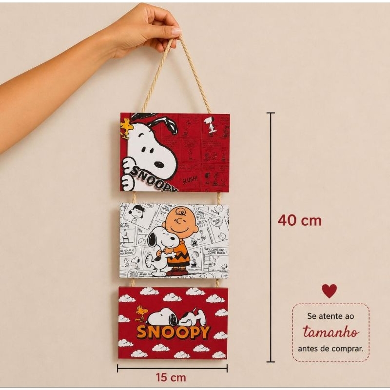 Kit 3 Placas Decorativas Snoopy MDF 10x15cm Com Corda Sisal Quarto Infantil 🐶❤️