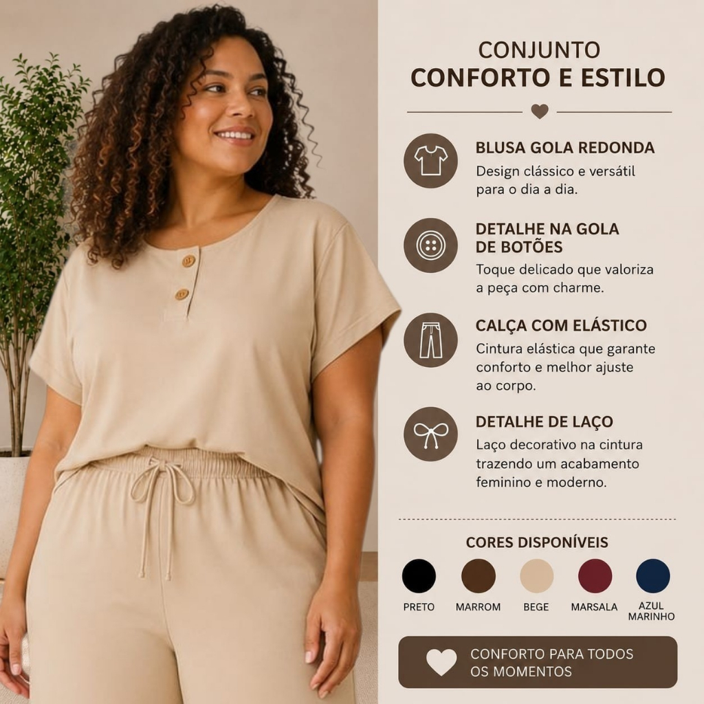 Conjunto Feminino plus size blusa + calça pantalona Crepe Duna