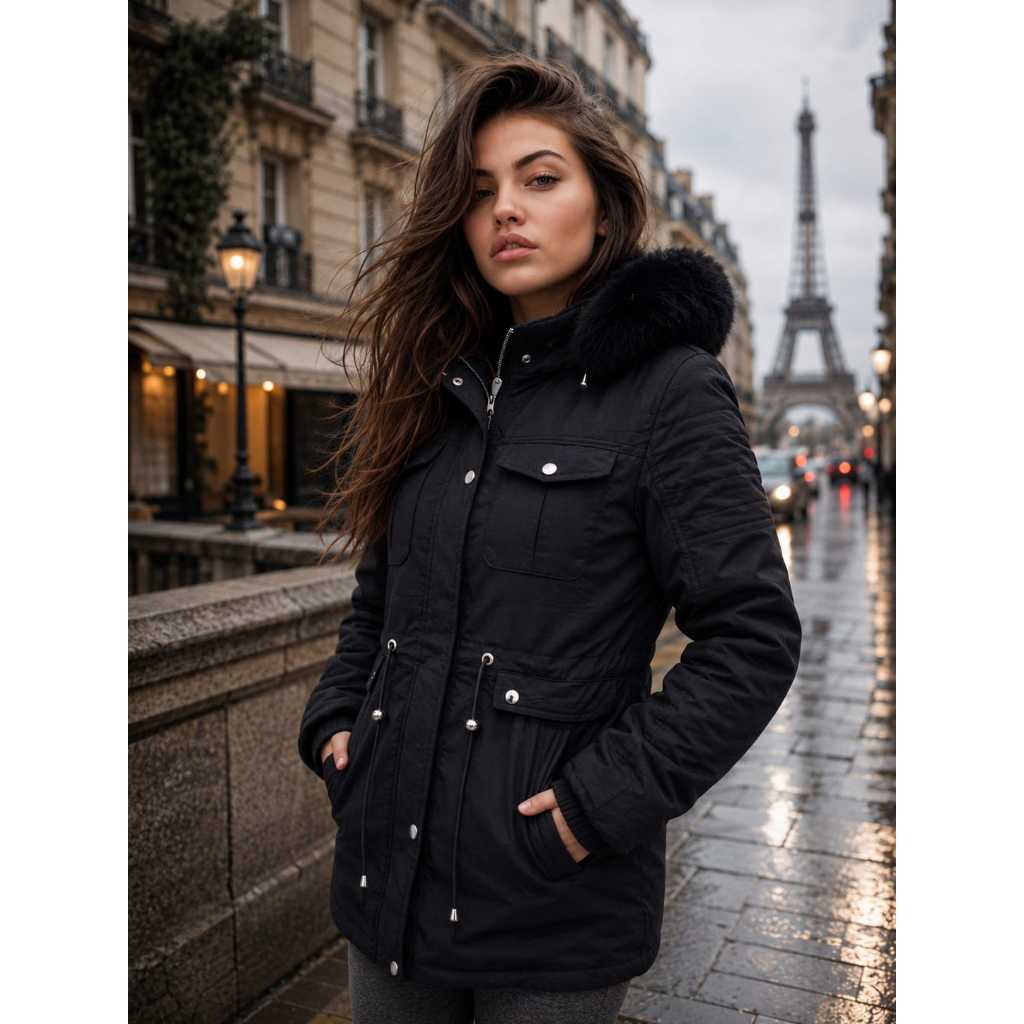 Parka 4  BOLSO de Sarja Forrada Peluciada Touca Removível
