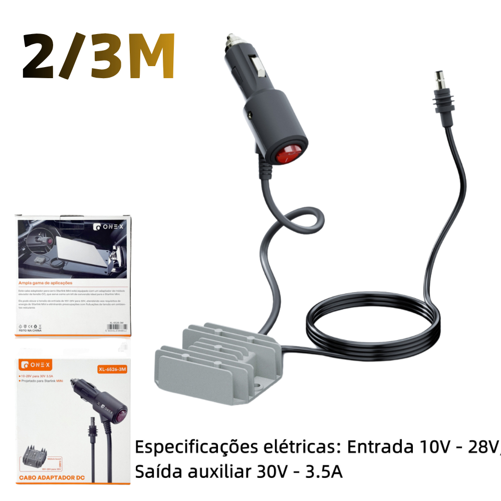 Conversor Dc com Botão P/ Starlink Mini 10V/28v 30v 3 Em 1 Veicular 2/3 metros Carregador p/ Carro Para De Com Step Up