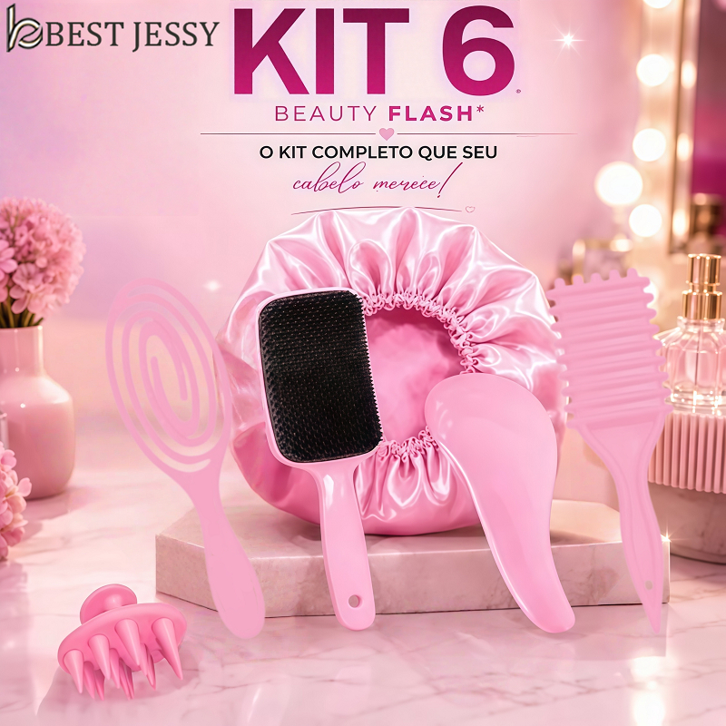 Kit 06 Escova Raquete Flex Escova Mágica e ONDA Massageador de Silicone Touca de Cetim Beauty Flash