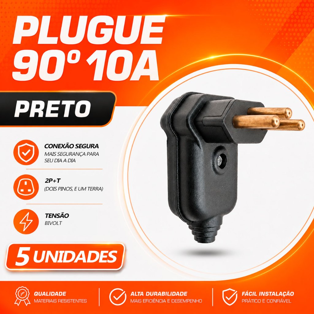 5 Pino Plugue Macho 90º 2P+T Maciço 10A Preto Com Prensa cabo MarGirius 17716