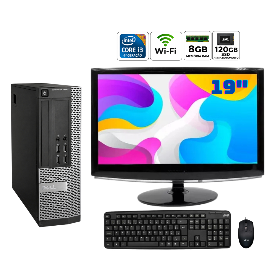 Computador Completo Dell 7020 Core I3 4ªGen HDMI 8GB DDR3 SSD 120GB Tela 19" Wifi Trabalho Estudo