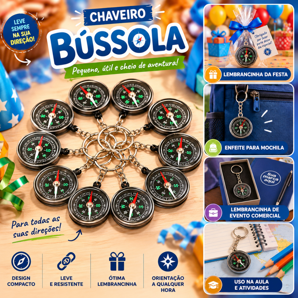 Kit 12 / 24 / 36 / 48 Chaveiro Bússola Redonda Leve ideal para Camping Lebrancinha