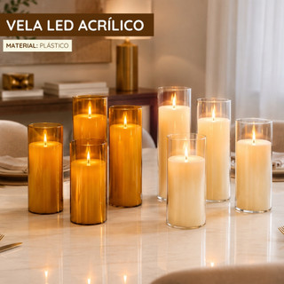 Vela LED Acrílico Decorativa Transparente Âmbar Luz Quente Iluminação Ambientes Casa