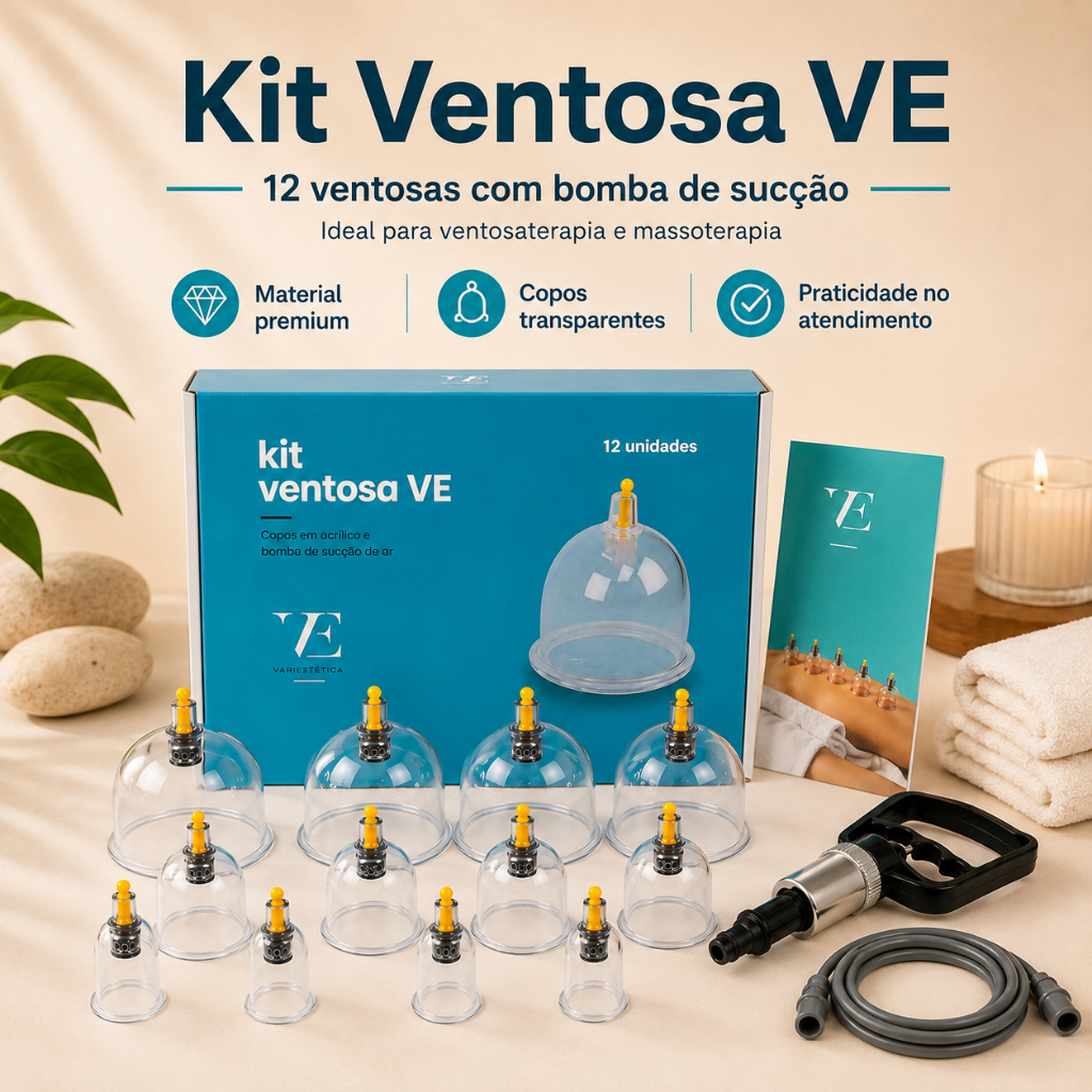 Kit Ventosa Variestética 12 Copos Acrílico com Bomba, Mangueira Extensora, Manual Português e Registro Anvisa