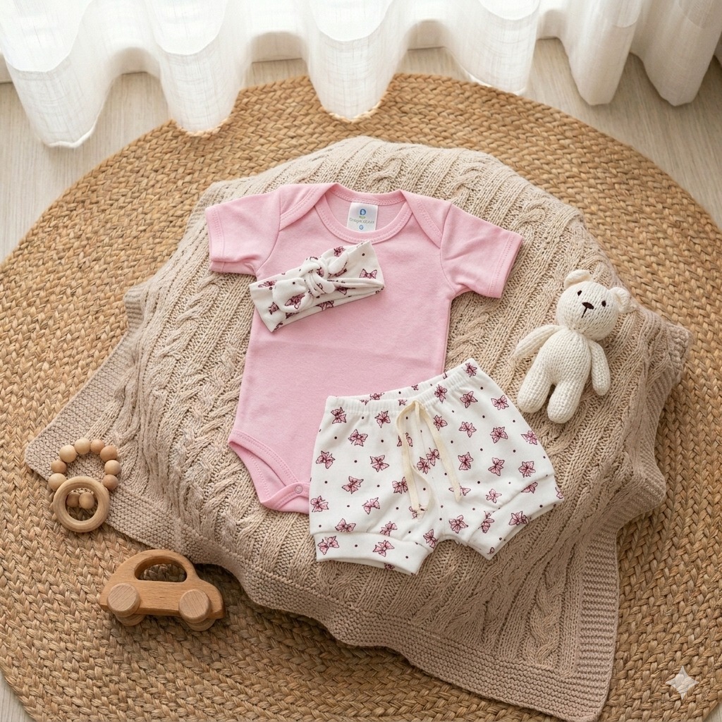 Conjunto Bebê Feminino Body Branco + Short Rosa Estampado com Faixa Look Infantil Confortável