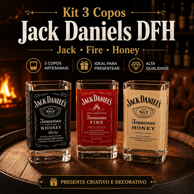 Kit 3 Copos Artesanais Jack Daniels DFH Personalizados Jack Fire Jack Honey Presente Decorativo
