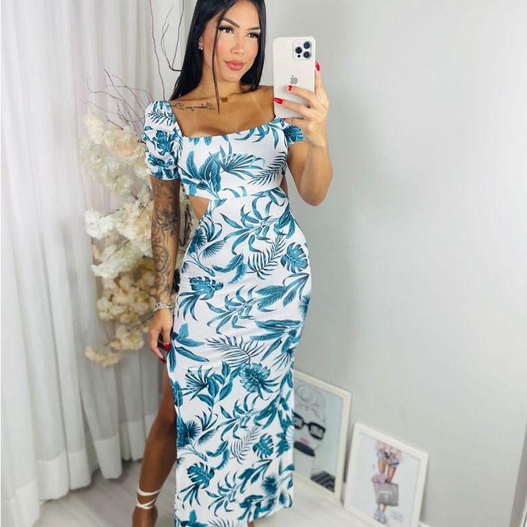 Vestido Feminino Longo de Manga cm Aberturas e Manga Bufante Princesa Verao Animal Print Estampa Linda Floral Liso Adult