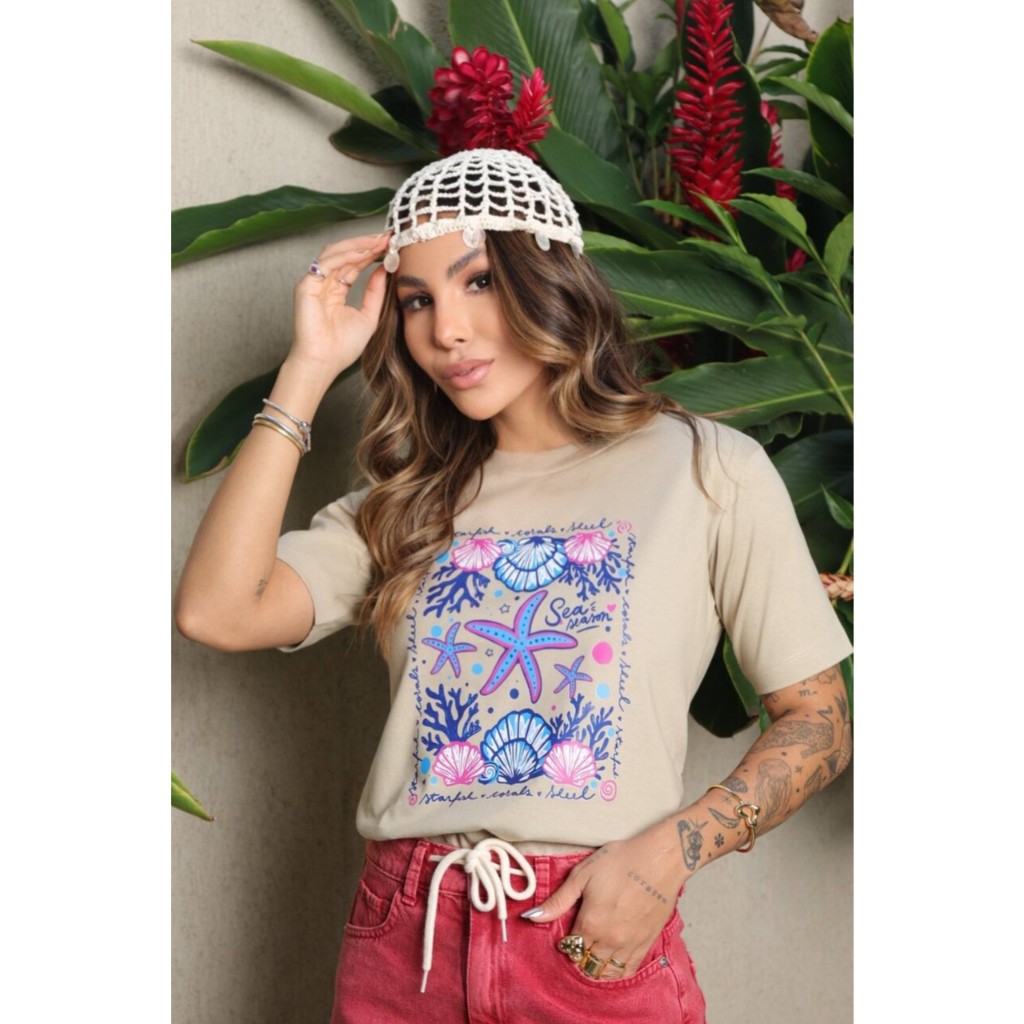 T-Shirt Feminina Sea Season Bege Naturally Algodão Menegotti Estampada Casual Confortável