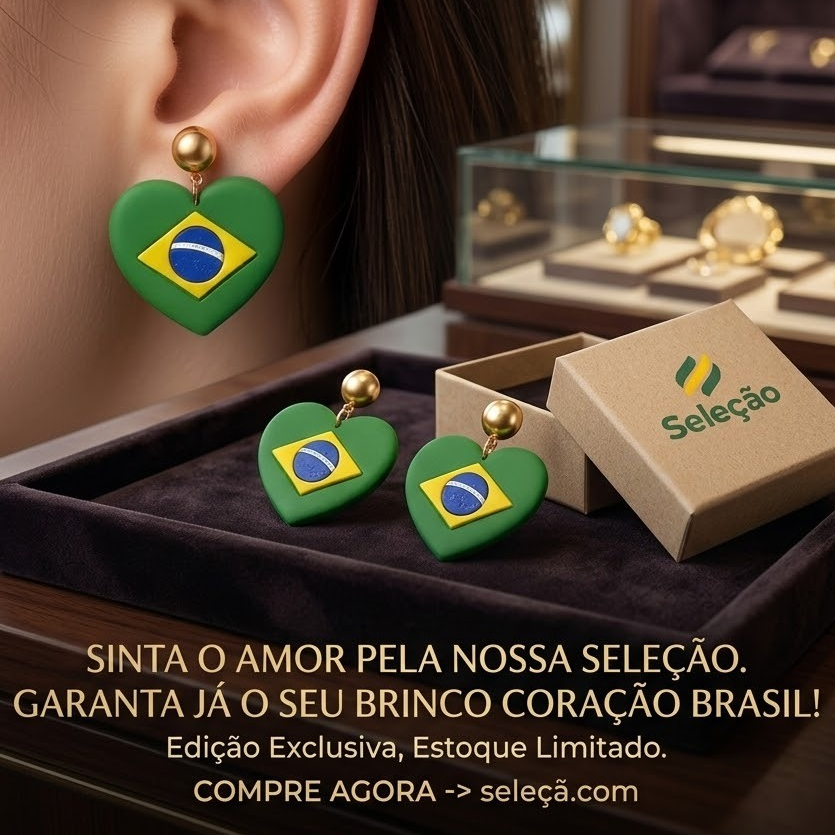 Brinco Feminino Coração Bandeira do Brasil Copa do Mundo Torcida Seleção Brasileira AcessórioFutebol
