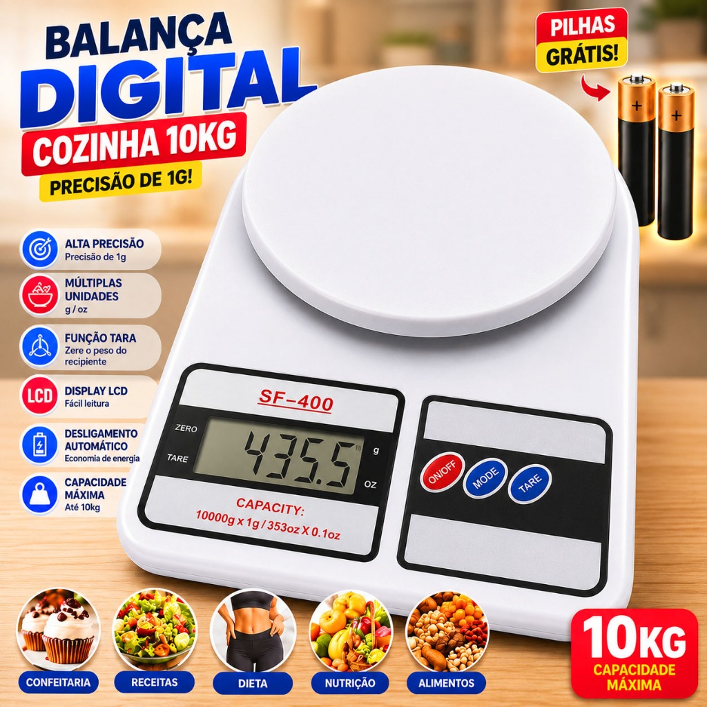 Balança Digital Cozinha 10Kg Alta Precisão 1g SF-400 Profissional Alimentos Dieta Confeitaria + Pilhas