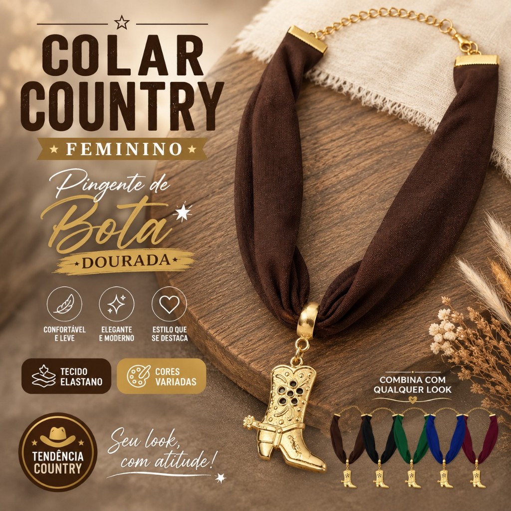 Colar Country Feminino Com Pingente Bota Dourada Tecido Leve Ajustável Look Moda