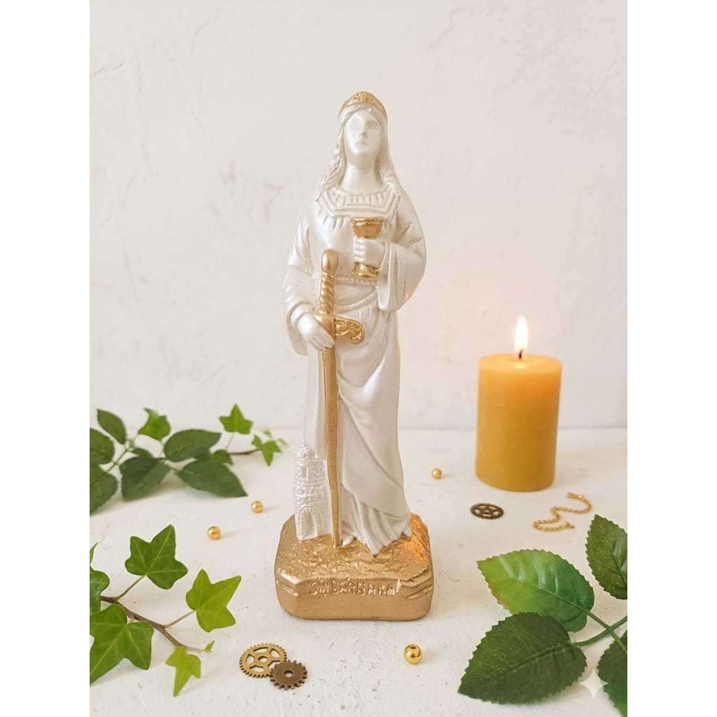 imagem santa barbara 21 cm gesso perola e dourado presente de fé decoração religiosa arte sacra proteger raios e trovões