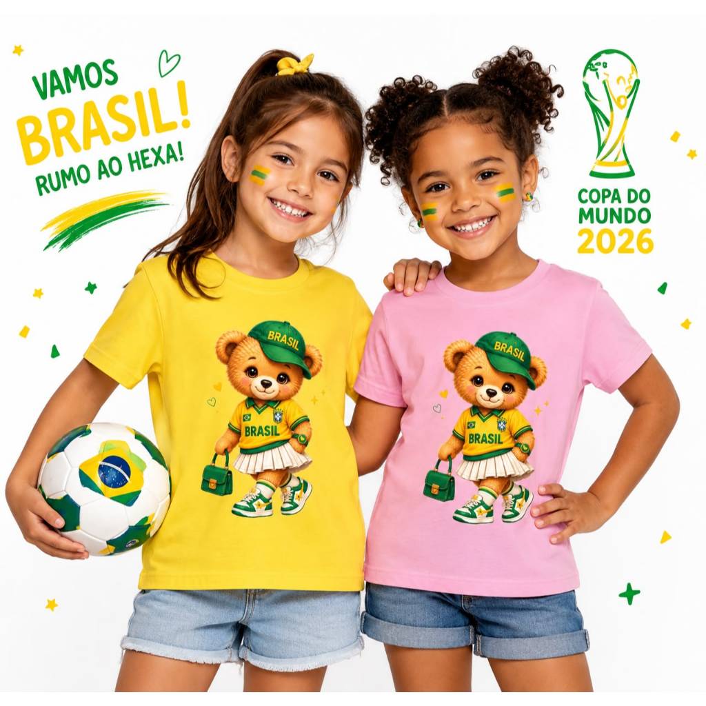 Camiseta Infantil Copa Do Mundo Brasil Ursinho Fofo Torcedor