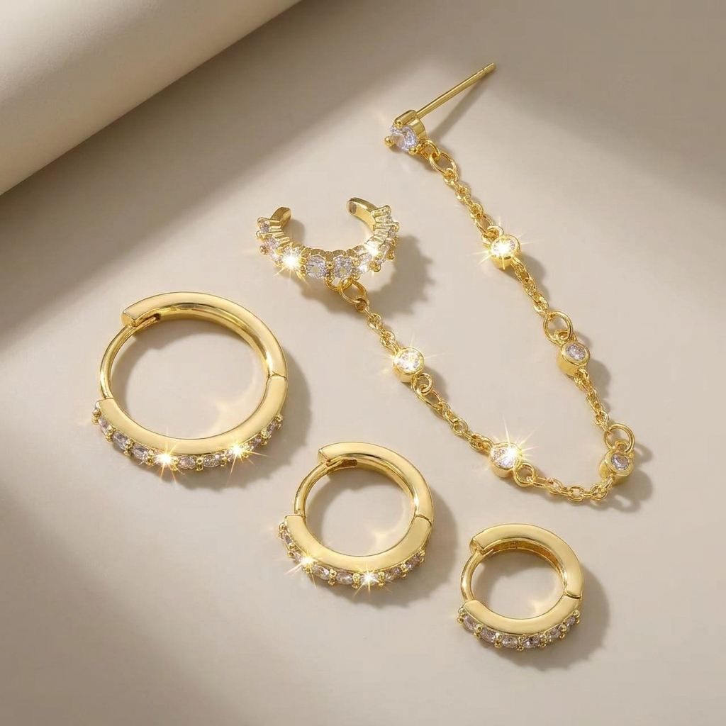 Conjunto 4 pc brincos de argola dourados de zircônio joias finas elegantes hipoalergênicas para menina Dia dos Namorados