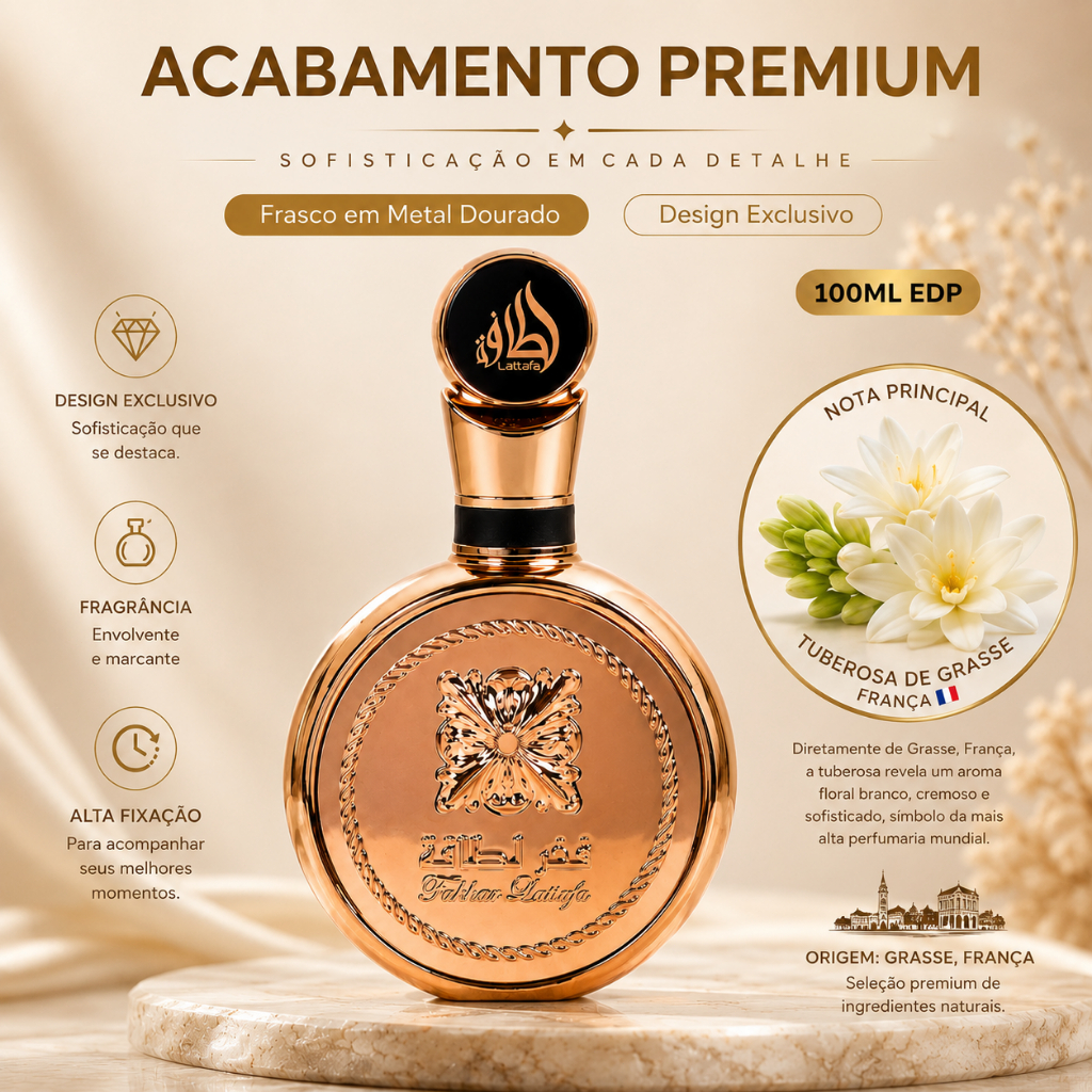 lattafa Fakhar Gold Extrait EDP 100ml, fragrância feminina que exala charme e elegância.
