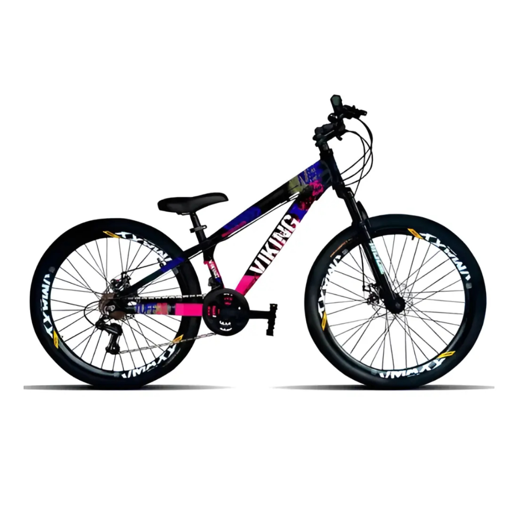 BICICLETA VIKINGX TUFF X-25 ARO 26 FREERIDE GRAU PRETO ROSA NEON QUADRO 13,5