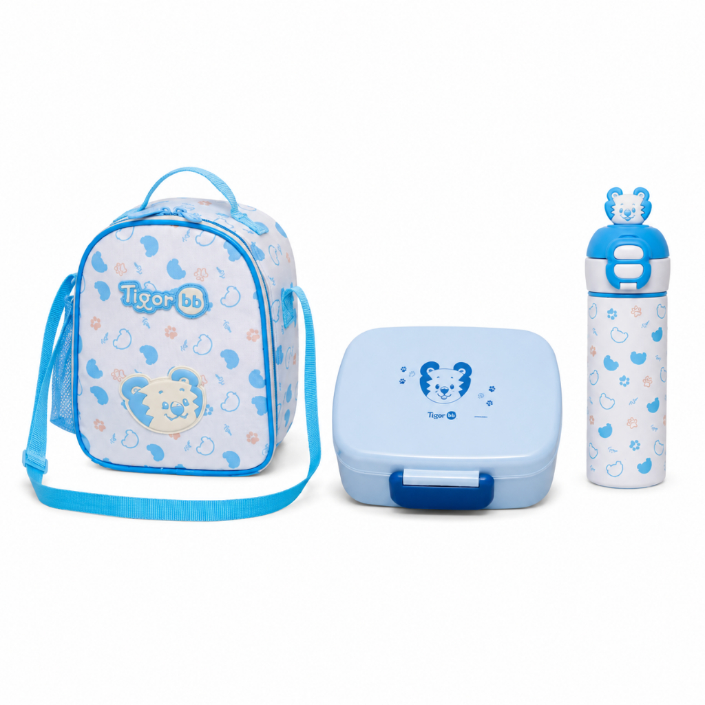 Kit Escolar Infantil Tigor Baby Lancheira Térmica Bento Box Garrafa Térmica Inox Azul Menino