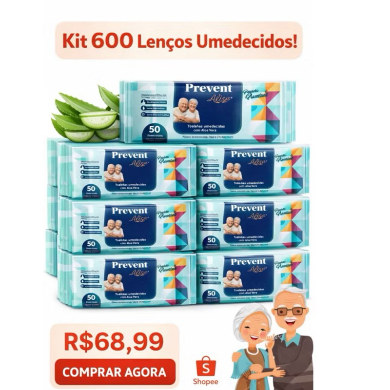 Kit lenços Umedecido com até 12 pacotes Geriátrica Prevent (50un cada)