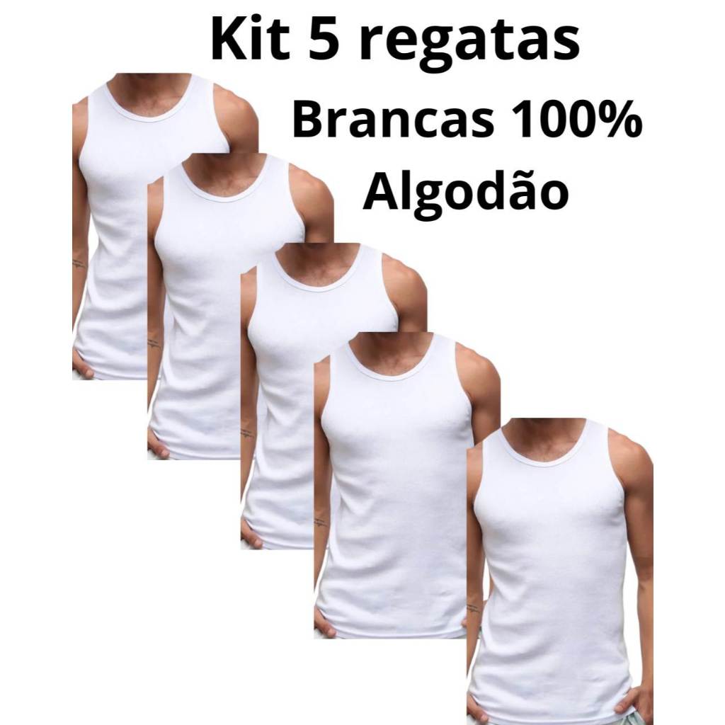 Kit 5 Camisetas Regata Masculina Branca ou Cores Variadas 100% Algodão Fio 30 Penteada  Premium