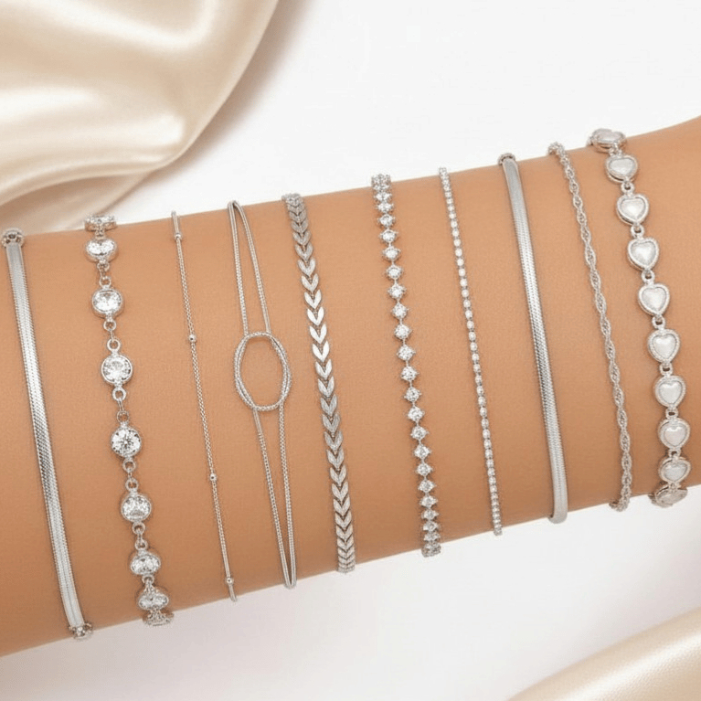 Kit Pulseiras Femininas Prata 925 Coração Strass Cordão Baiano Elo Zircônia Semijoia Presente + Brinde
