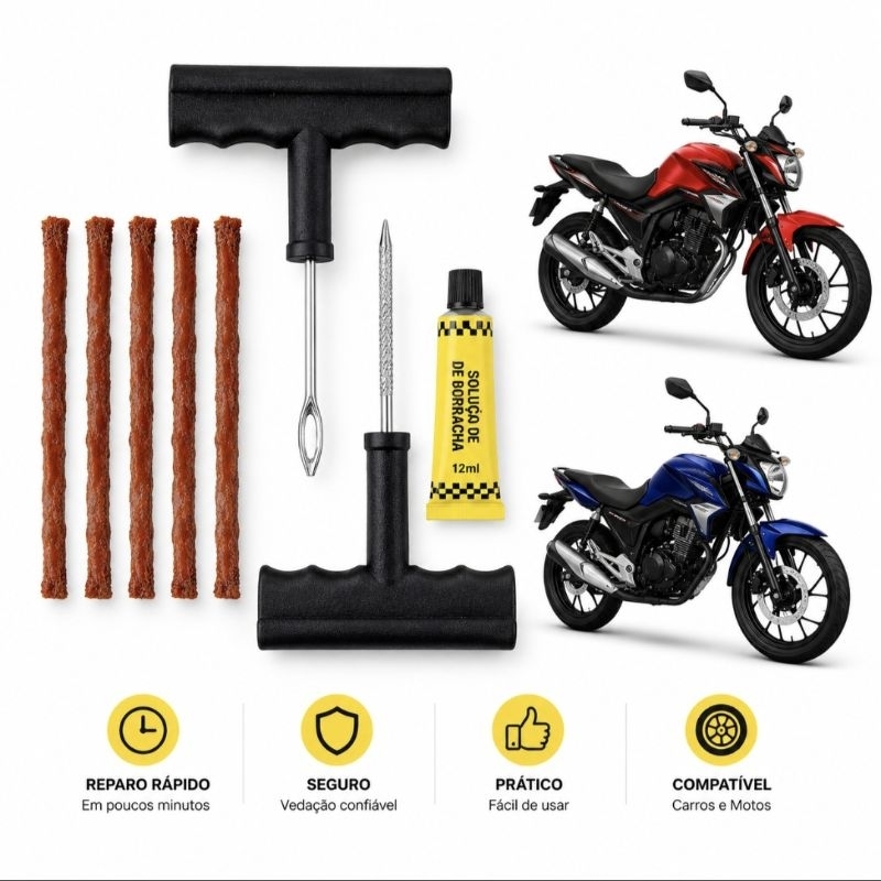 Kit Reparo Pneu Carro Moto Utilitários Macarrão Cola Vulcanizante Escareador Aplicador Pneu Sem Câmara Emergência