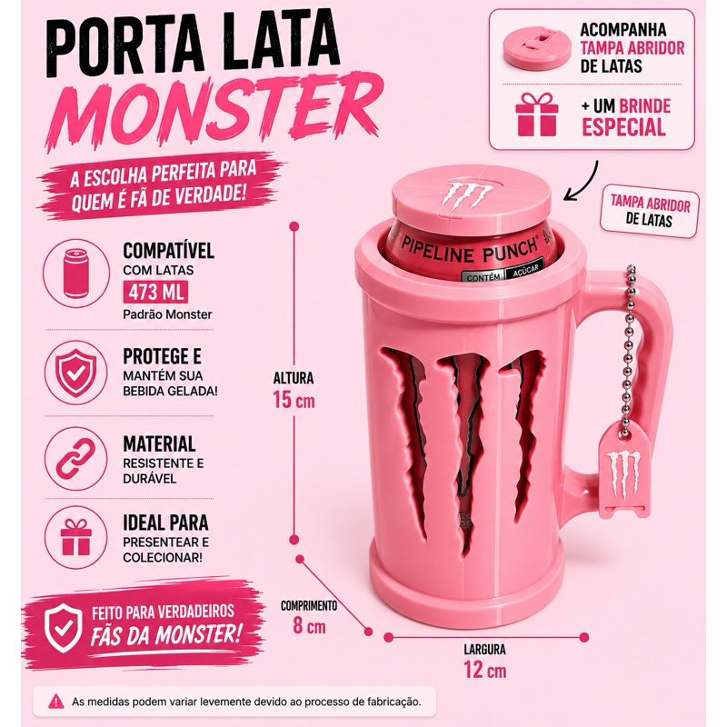 Kit Porta Lata Monster 3 em 1 Com Tampa e Abridor | Porta Energia Térmico