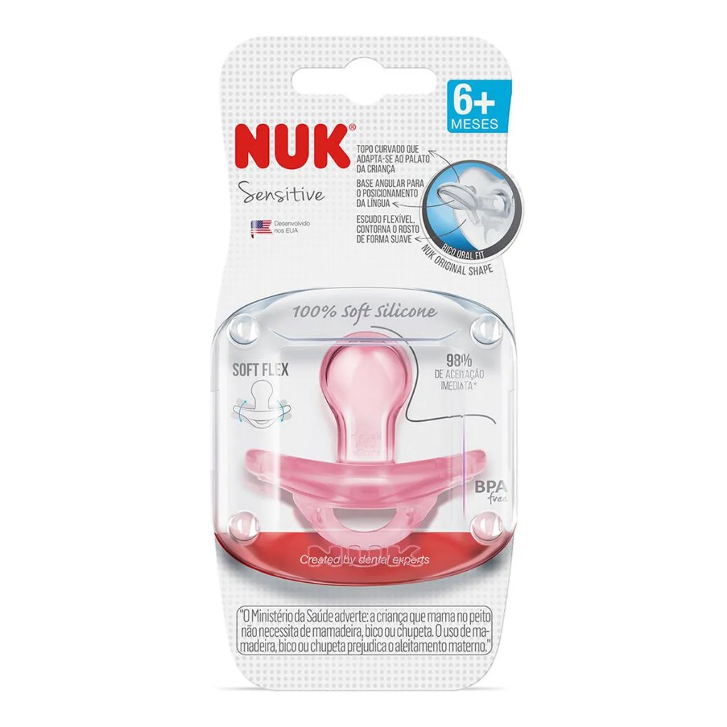 Kit 2 Chupetas NUK Sensitive 100% Silicone Soft Flex Tamanho 2 6+ Meses Rosa e Azul