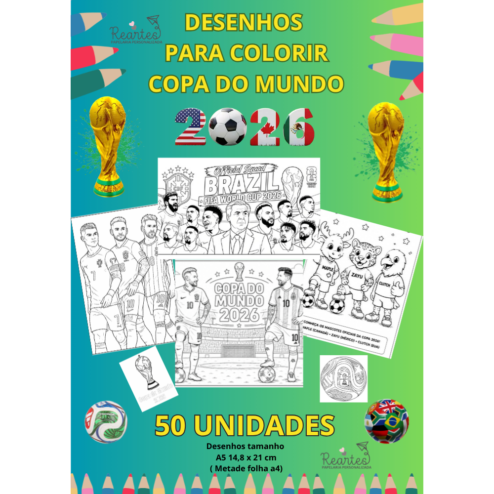 Kit 50 Desenhos Para Colorir Copa do Mundo 2026 word cup hexa Brasil Neymar futebol livro para colorir futebol