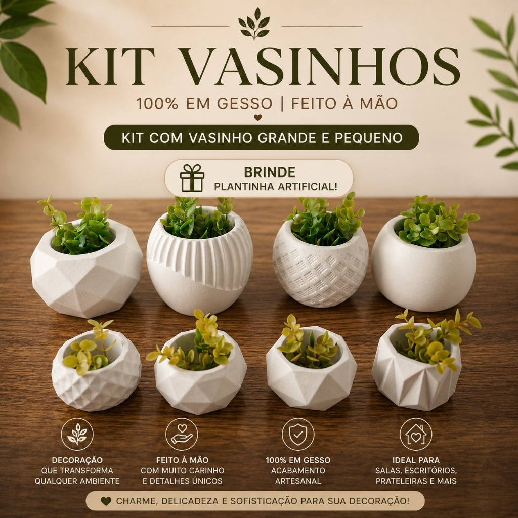 Kit Vasinho de Gesso 3D com Planta Artificial até 8 Unidades