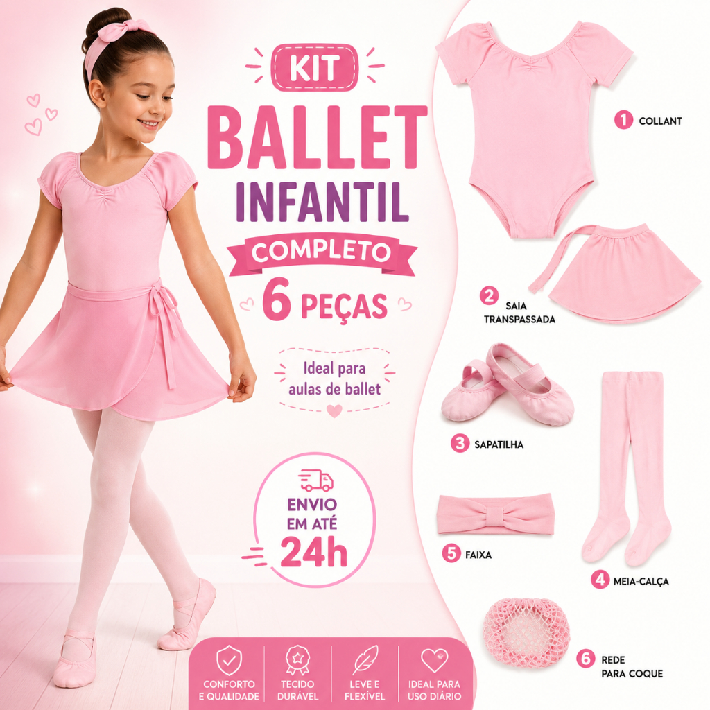 Kit Ballet Infantil Completo 6 Peças Collant Saia Transpassada Sapatilha Meia Calça Rosa - Envio Imediato