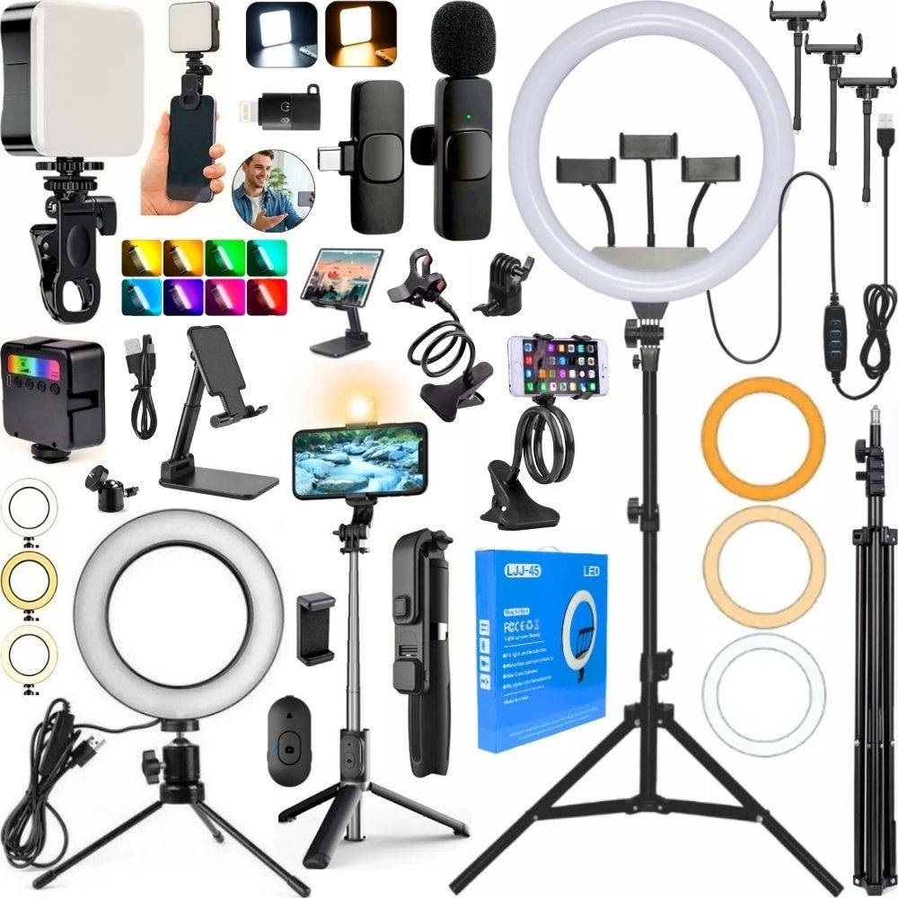 Kit Ring Light LED Grande 36cm Tripé Bastão Microfone Sem Fio 12 Peças Filmagem No Celular