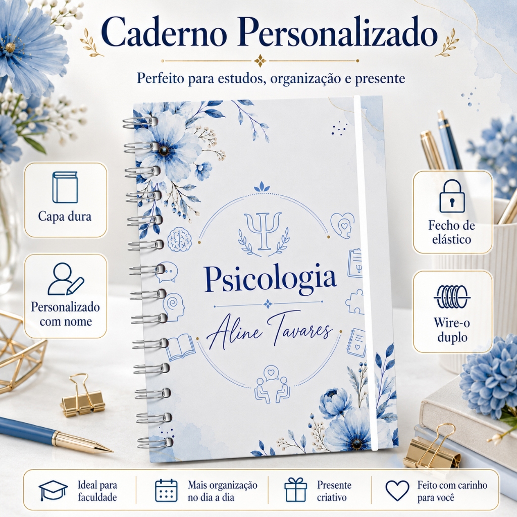 Caderno Personalizado Psicologia Floral Azul com Nome Capa Dura 22x16cm Premium 120 Folhas