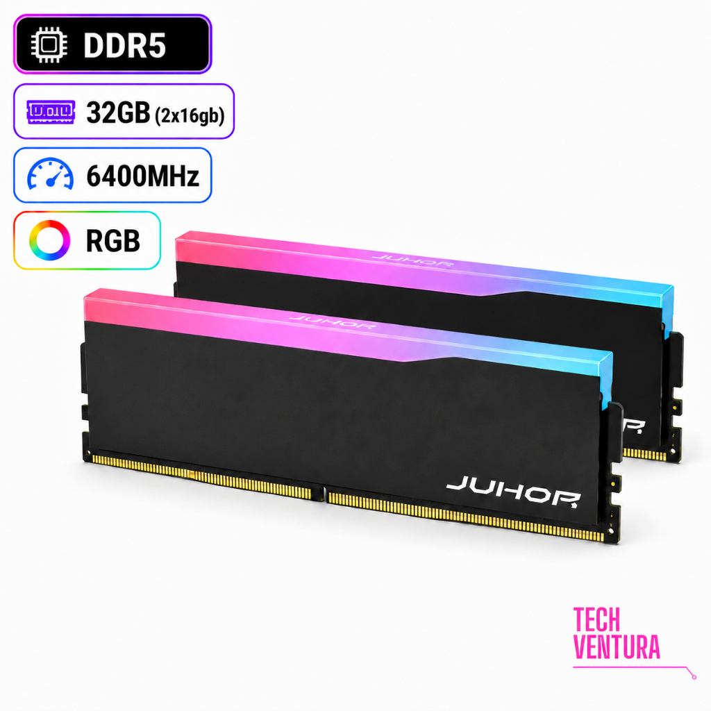 Kit Memória RAM Juhor DDR5 32GB 2x16GB 6400MHz CL38 RGB Preta Nova