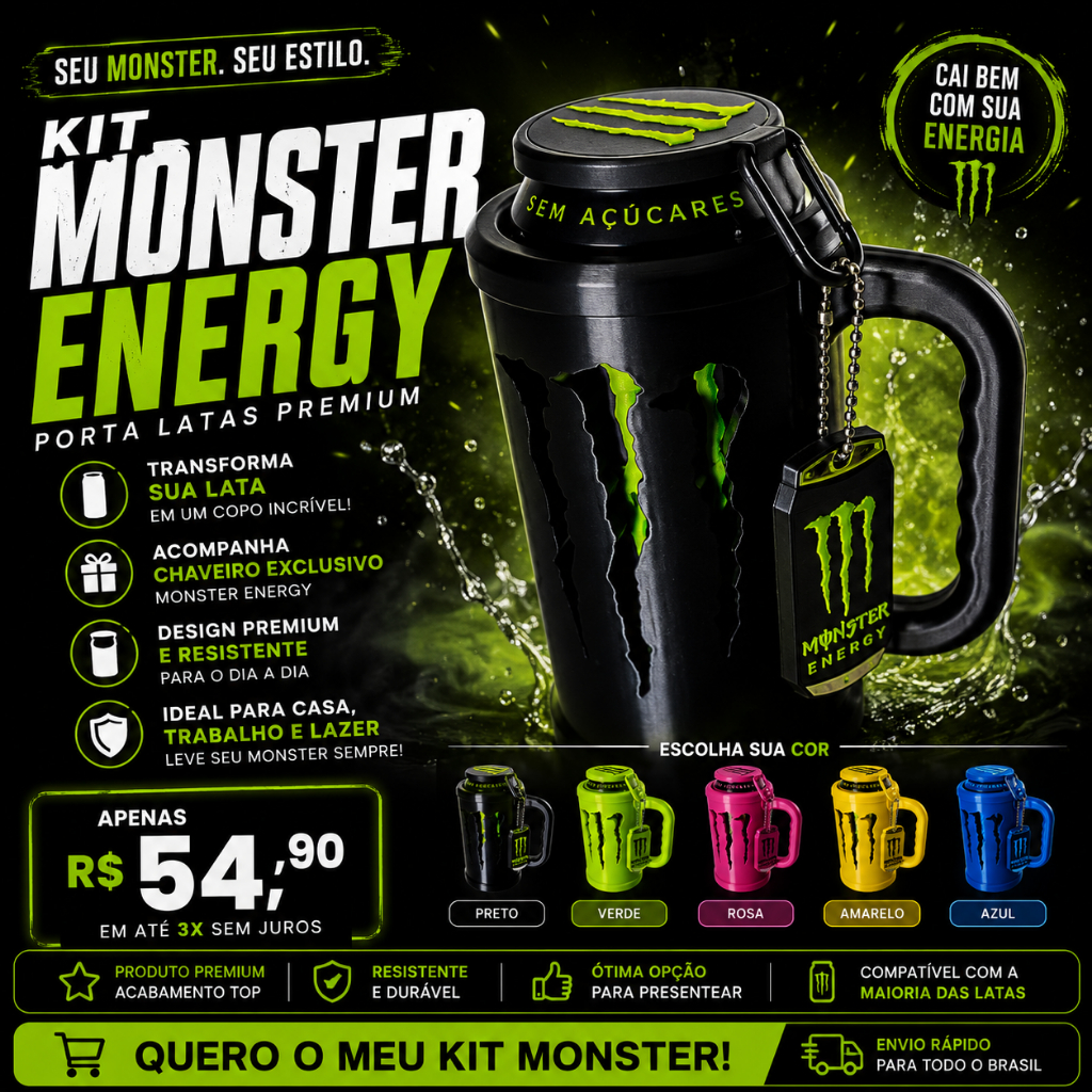 Kit Caneca porta lata Monster | Com Tampa e Abridor de Latas | Porta Lata | Brinde | Presente