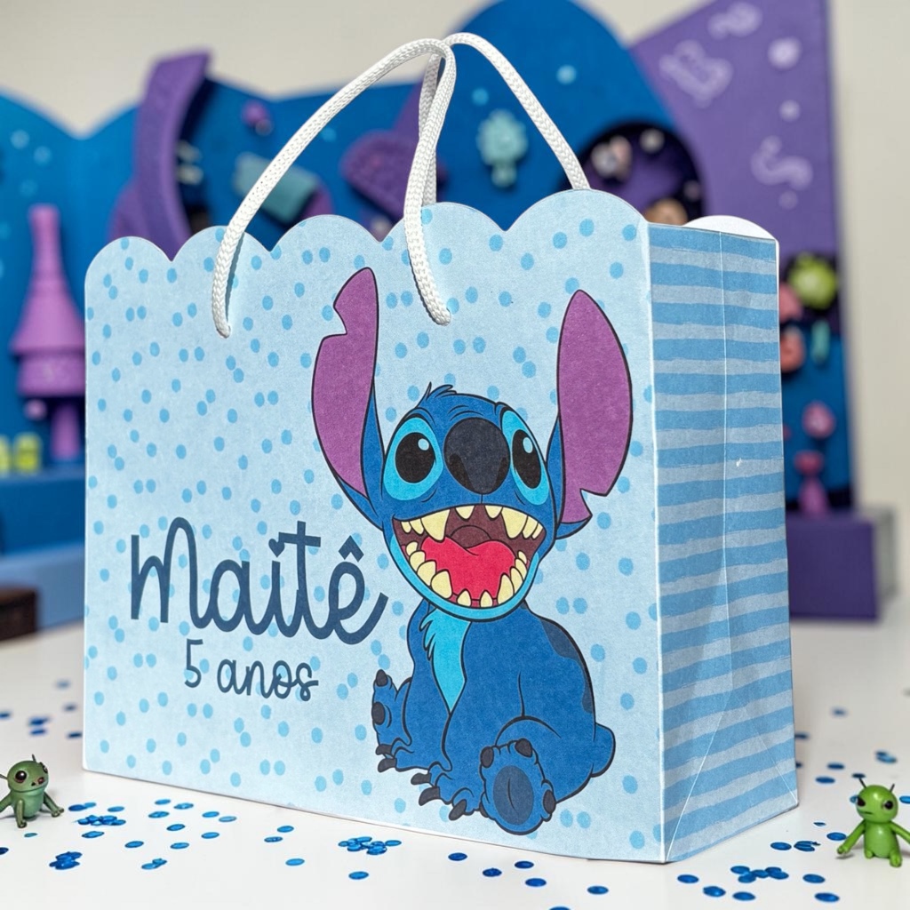 Sacolinha Surpresa Personalizada Stitch Azul (Pegue e Monte) Lembrancinha Festa Infantil Nome e Idade Aniversário