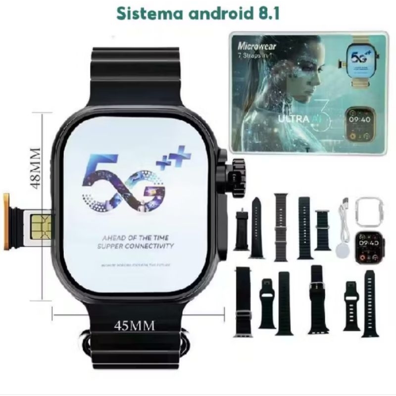Smartwatch Relógio 5G+ Microwear Ultra Ai3 De Chip, Câmera, 4 Pulseiras, Capa Case, 16GB e 2 de RAM
