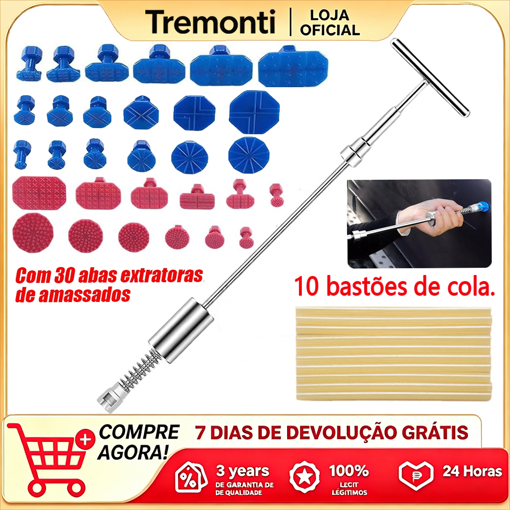 Kit para reparo de amassados ​​em carros, incluindo ferramenta manual em forma de T de alumínio, 30 calços e 10 bastões