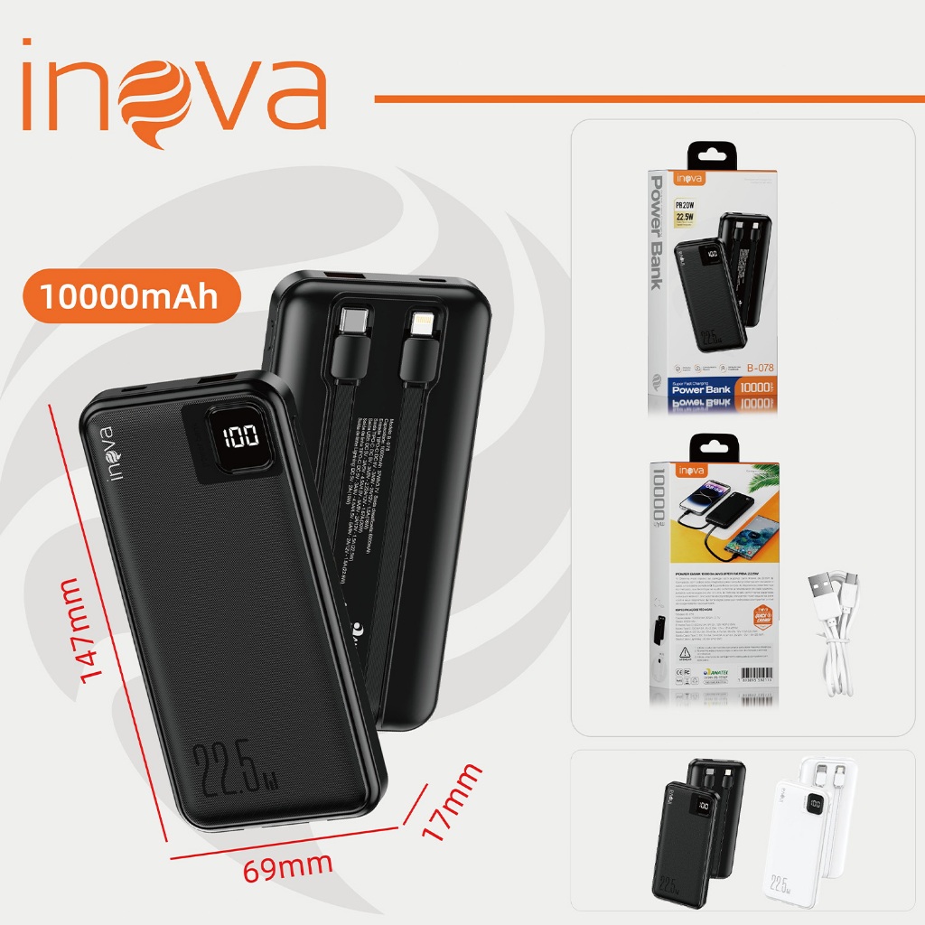 Inova Carregador Power Bank 22,5W Portátil 20000mah/10000mah  Universal carregamento rápido Saida 2 Cabos — foto 9