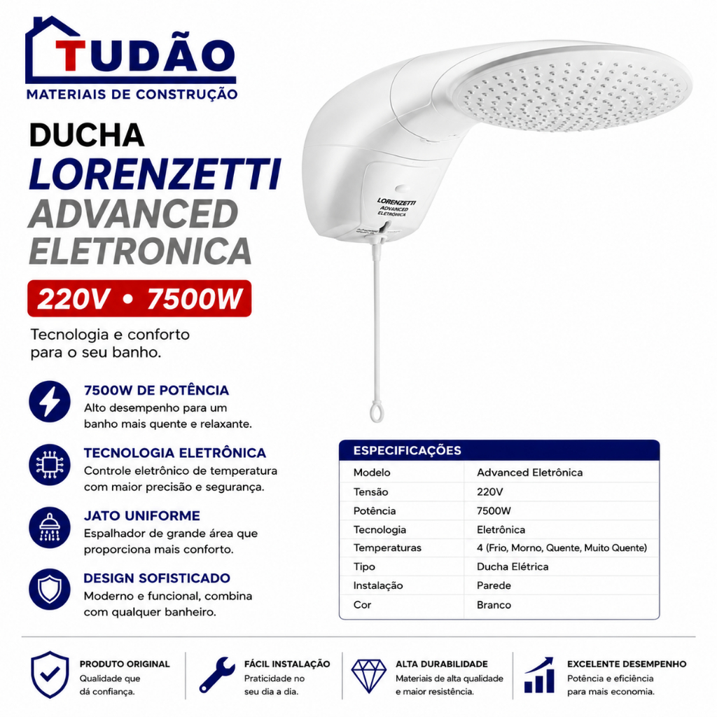 Chuveiro Ducha Advanced Turbo Multitemperaturas Branco Pressurizador 220v 7500w Lorenzetti
