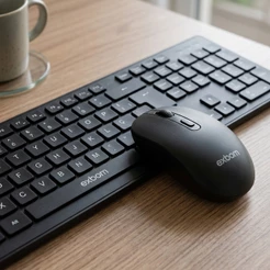 Kit Teclado Sem Fio Preto Slim ABNT2 Mouse Ergonômico com Pilha Inclusa Plug and Play USB Exbom Kit Completo