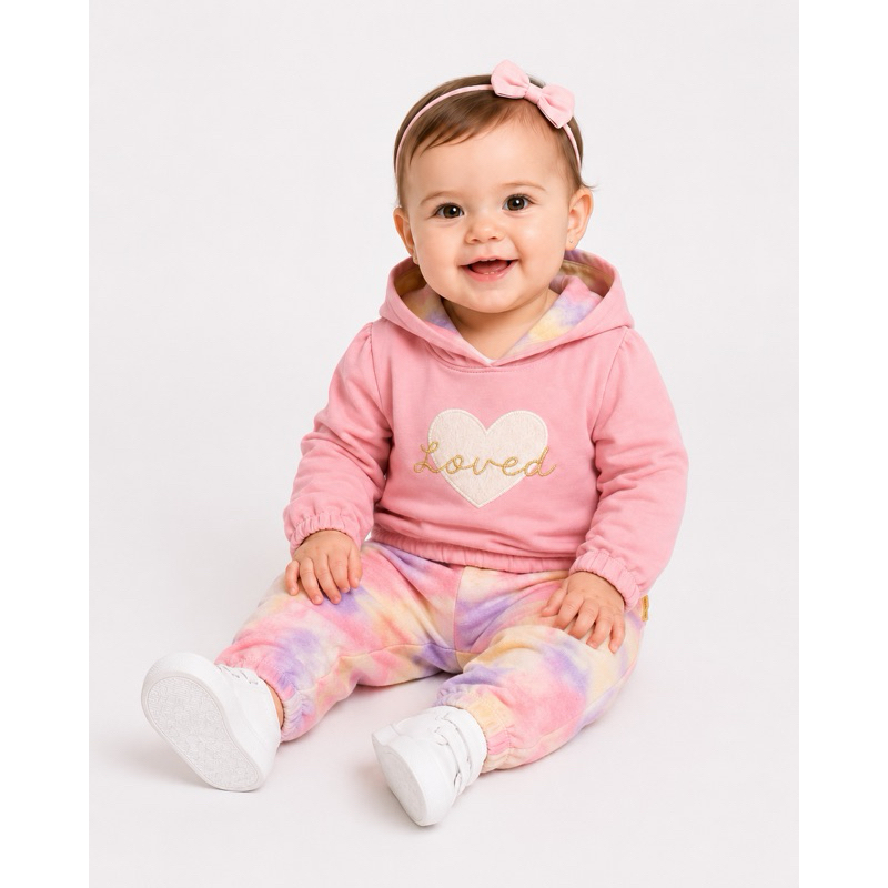 Conjunto Bebê Menina Colorittá TAM G — Moletom Rosa Loved + Calça Tie Dye