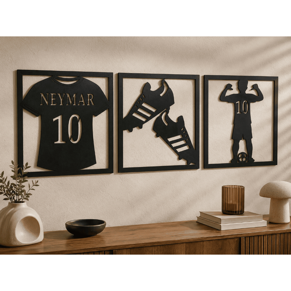 Quadros Futebol Camisa 10 Kit 3 Decorativos MDF 3mm Parede Quarto Gamer Esporte Menino Presente Bola Sala Casa